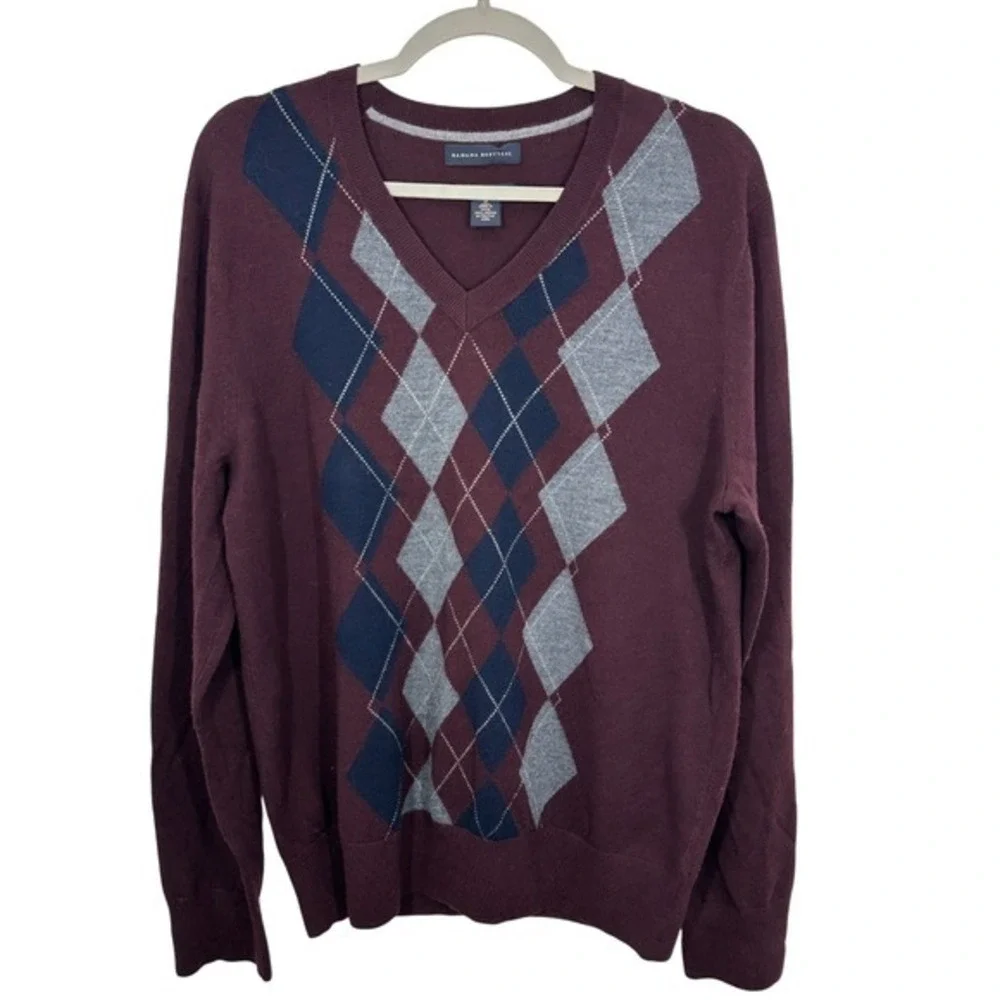 Banana Republic Men's Burgundy Argyle V‎ Neck Sweater Extra Fine Merino Wool